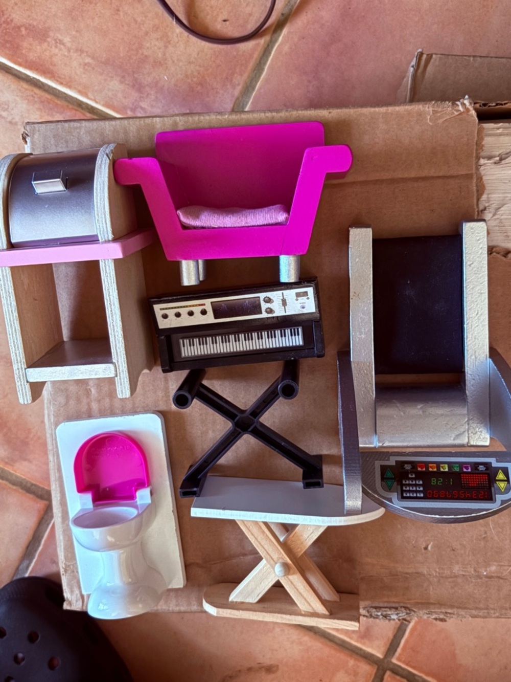 Lot of 6 Kid Kraft wooden doll furniture- toilet, treadmill, iron board, piano